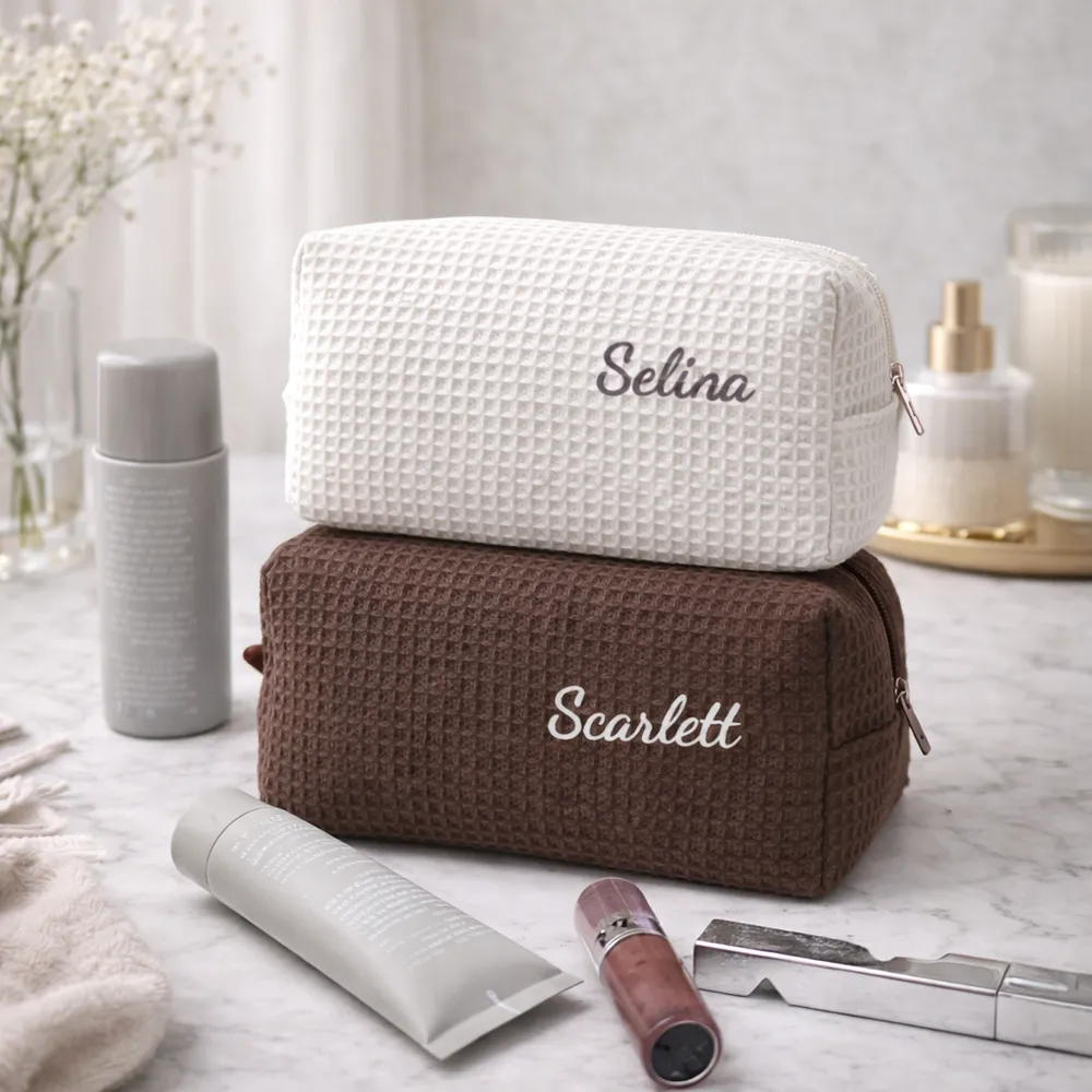 White Waffle Cotton Cosmetic Bag with Embroidery