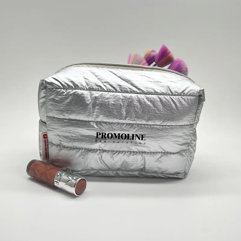 Silver Puffy Quilted Makeup Case