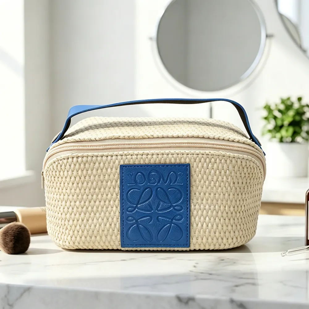 Natural Straw Makeup Bag with Blue Handle