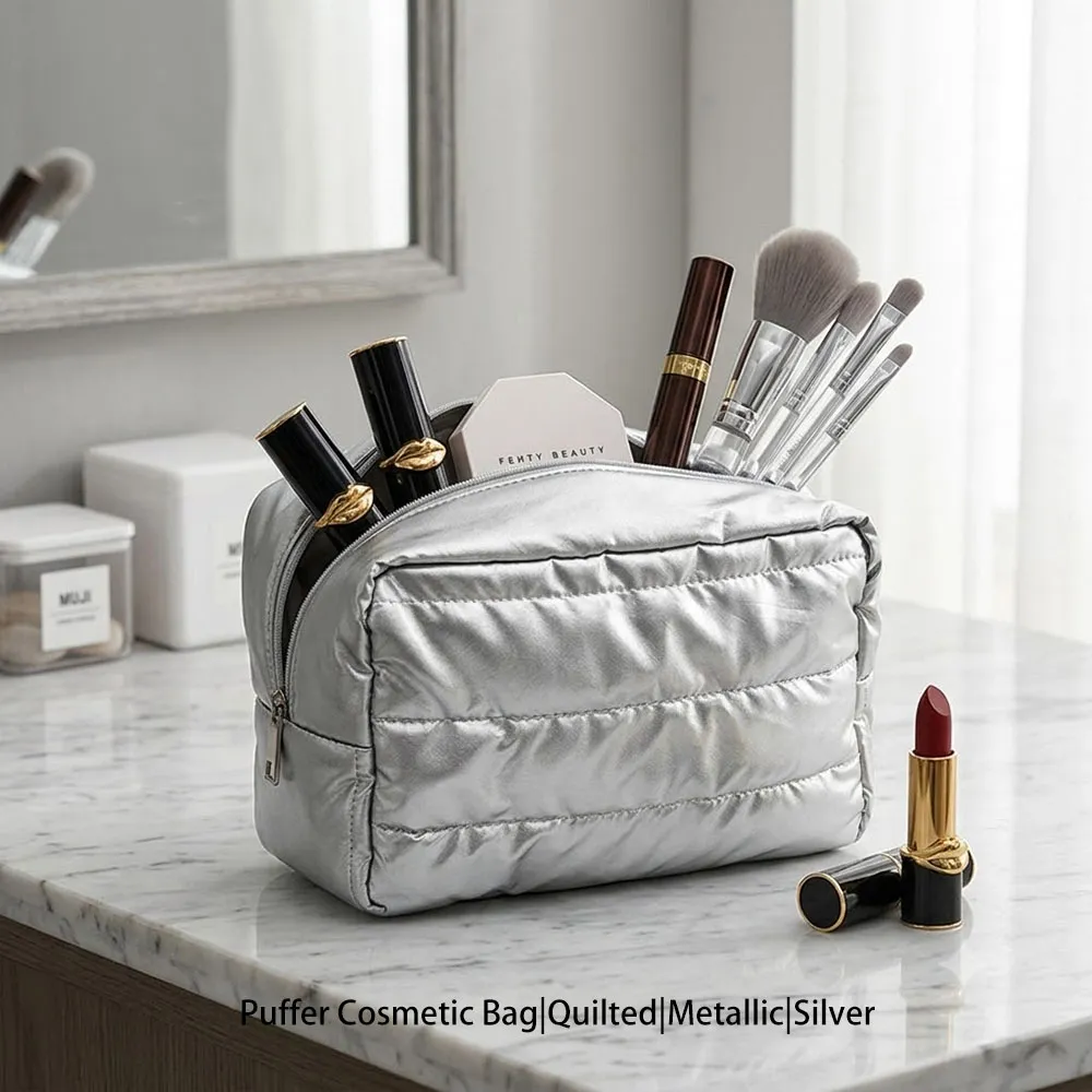 Metallic Silver Quilted Cosmetic Bag