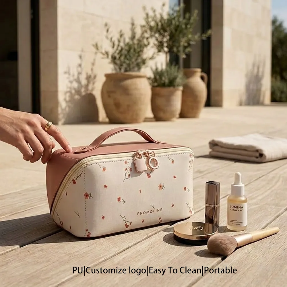 Pink Floral PU Cosmetic Bag with Handle