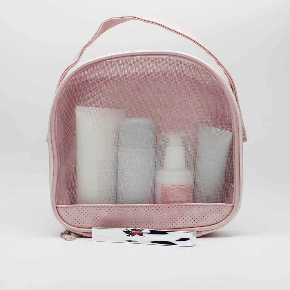Pink PU Mesh Makeup Case with Soft Handle