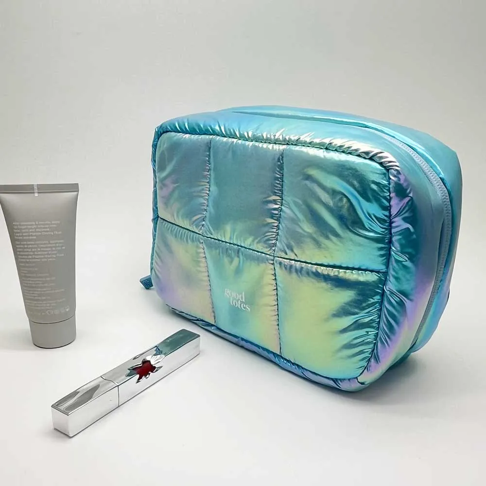 Shiny Quilted Nylon Cosmetic Bag with Mesh Pockets