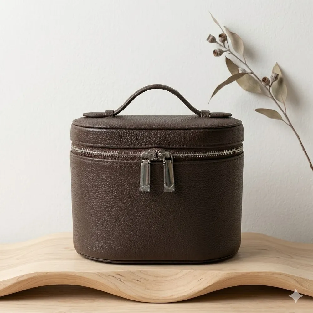 Lychee-Grain PU Barrel Makeup Bag