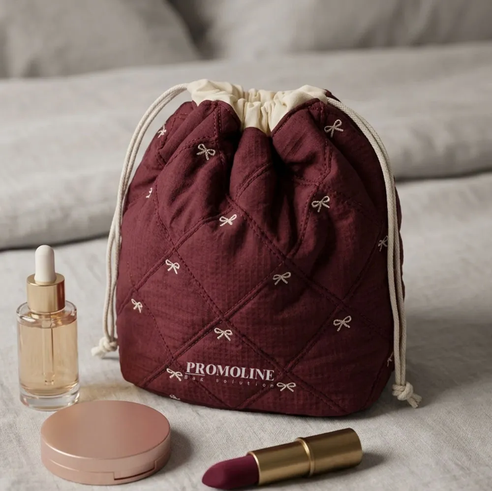 Wine Red Quilted Drawstring Makeup Bag with Bow
