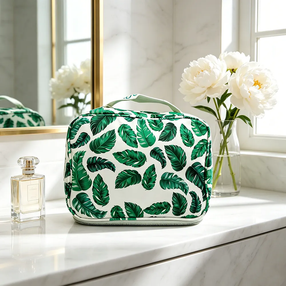 Tropical Leaf Print Polyester Makeup Bag with Handle