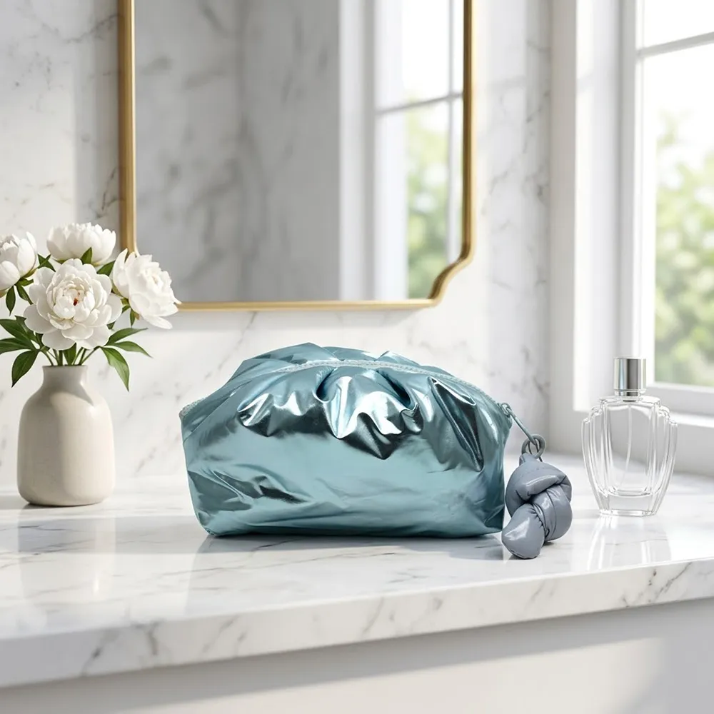 Metallic Ice Blue Puffy Makeup Bag with Knot Charm