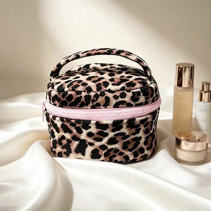 Pink Leopard Velvet Makeup Case with Handle