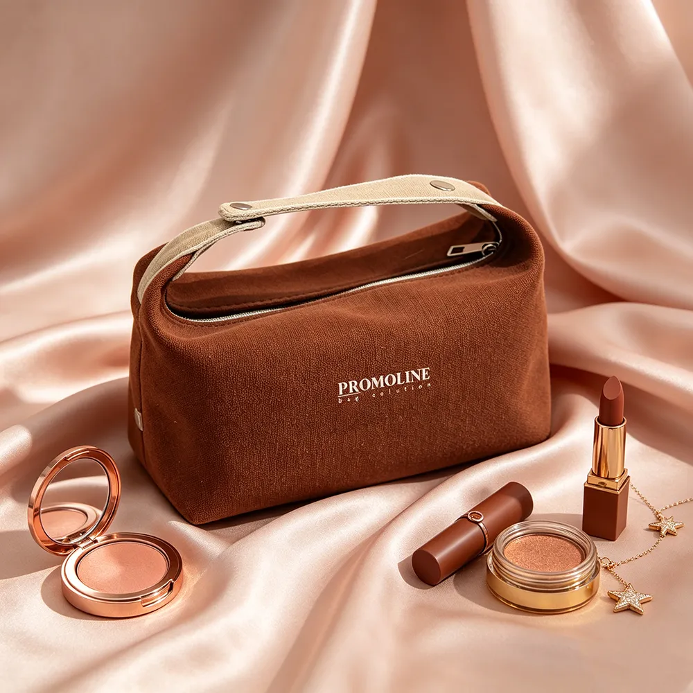 Canvas Makeup Case with Beige Top Handle