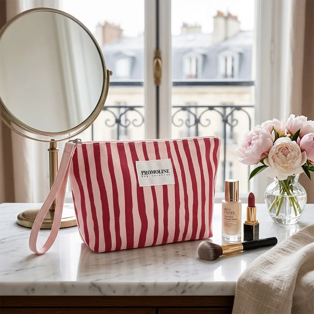 Striped Canvas Drawstring Makeup Bag with Wrist Strap