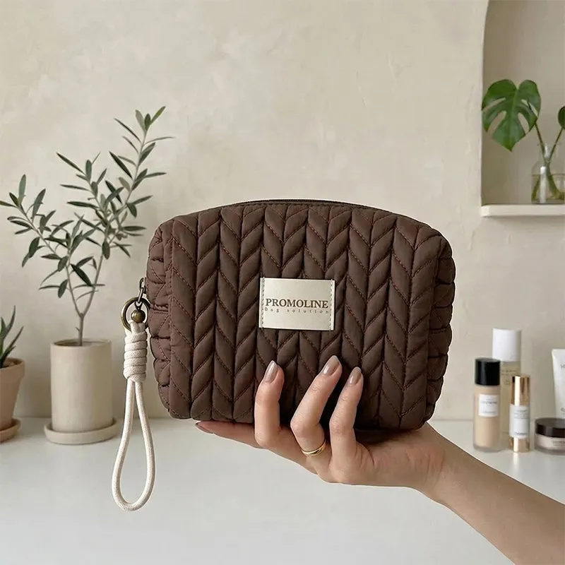 Brown Quilted Nylon Cosmetic Bag