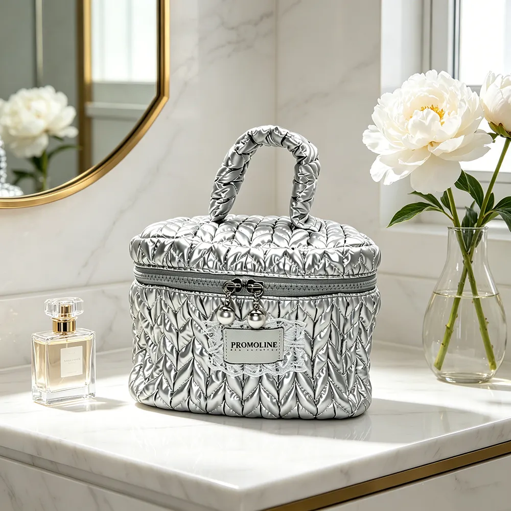 Silver Quilted Nylon Makeup Train Case