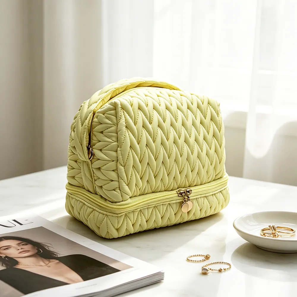 Yellow Double-Layer Quilted Cosmetic Case