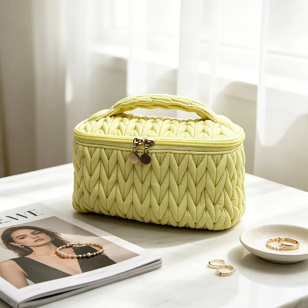 Yellow Quilted Polyester Cosmetic Case with Handle