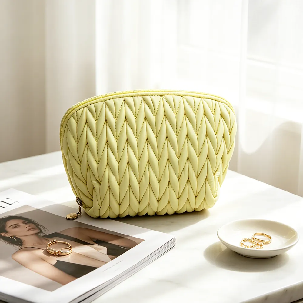 Yellow Quilted Drawstring Cosmetic Pouch