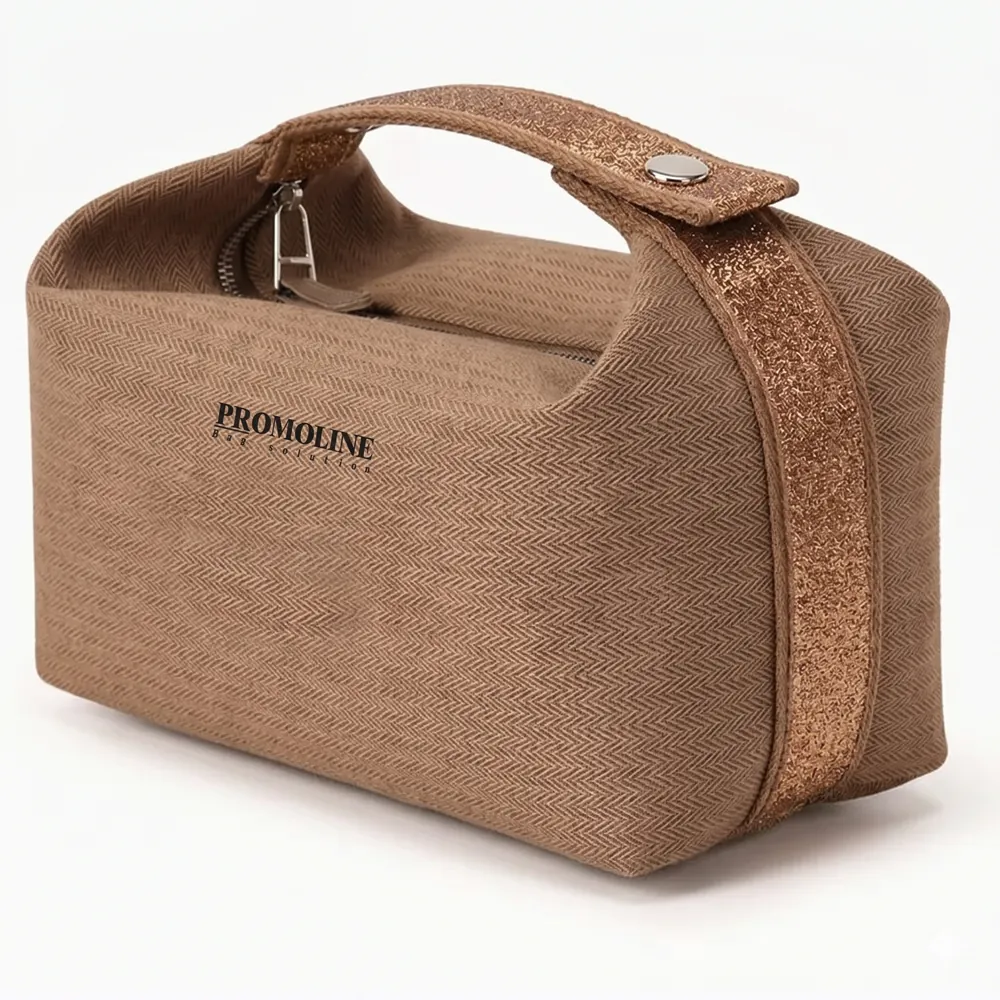 Khaki Cotton Fabric Toiletry Bag with Side Zipper