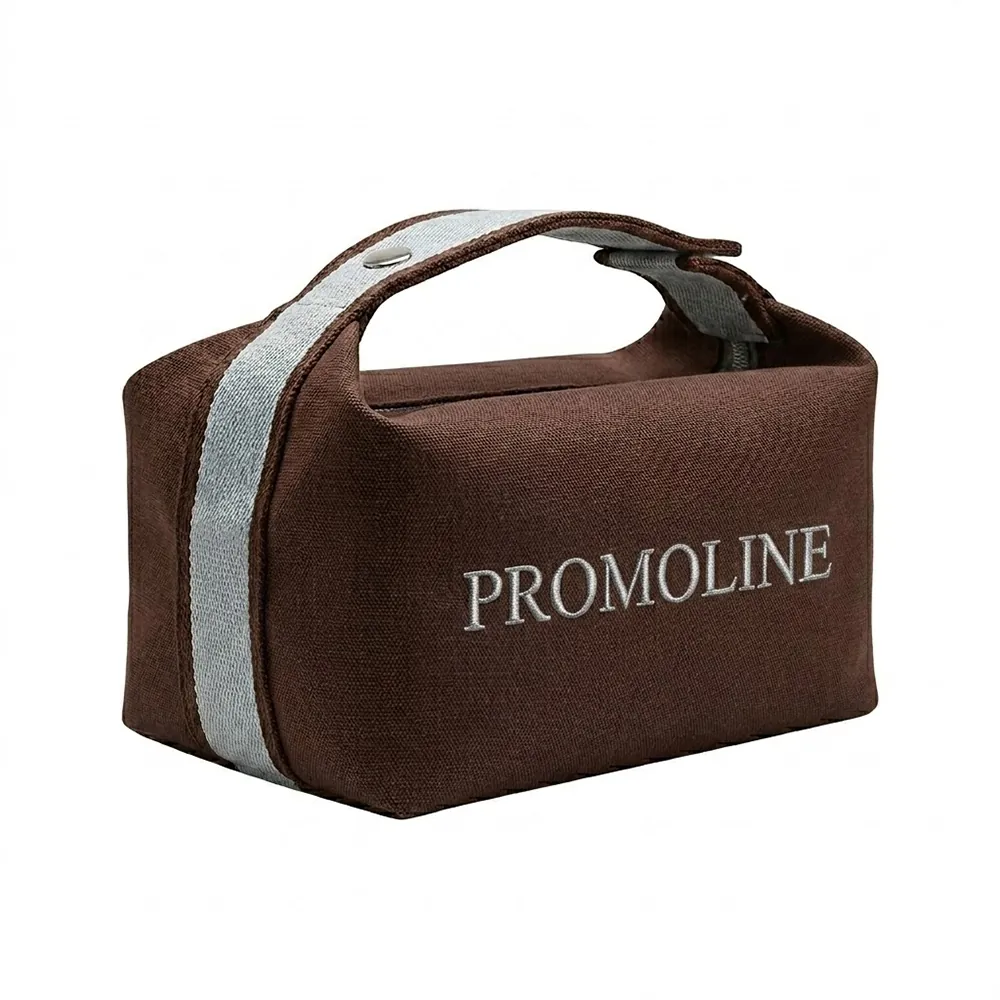 Brown Cotton Canvas Makeup Bag with Blue Strap