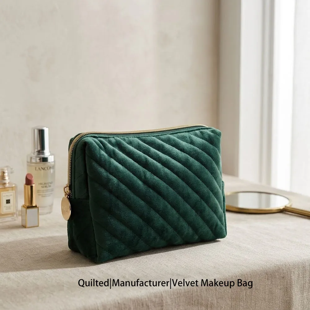 Green Quilted Velvet Cosmetic Bag