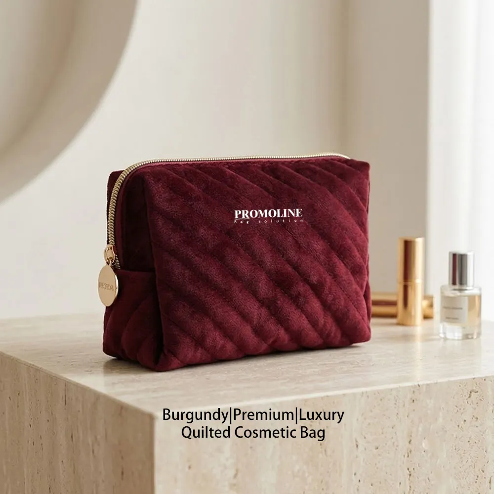 Burgundy Quilted Velvet Cosmetic Bag
