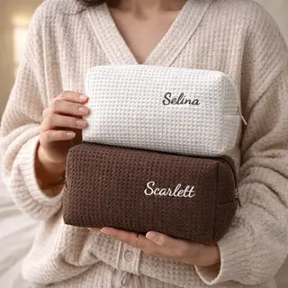 Embroidered Waffle Cotton Cosmetic Bag