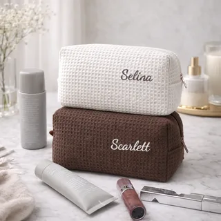 White Waffle Cotton Cosmetic Bag with Embroidery