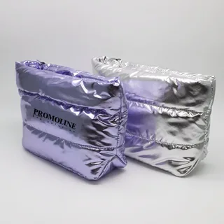 Wide Metallic Silver Puffer Makeup Bag