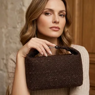 Coffee Brown Boucle Makeup Bag with Top Handle