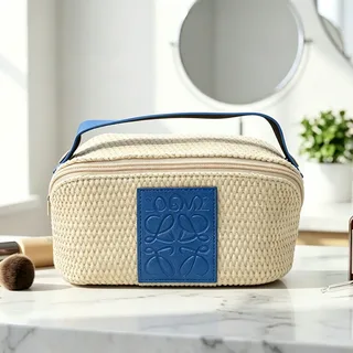 Natural Straw Makeup Bag with Blue Handle