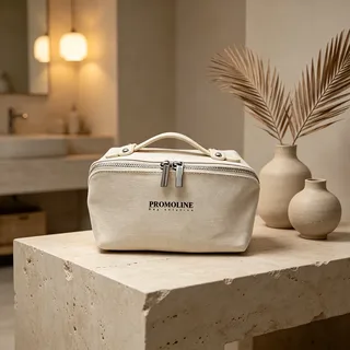 Cream Cotton Makeup Train Case with Handle