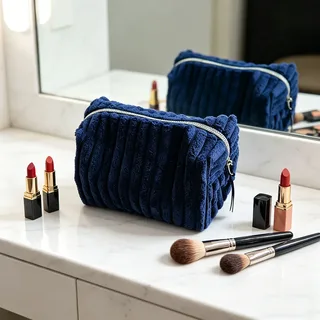 Navy Ribbed Chenille Makeup Bag