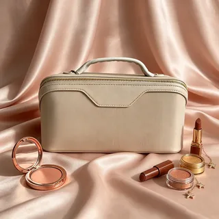 Caramel PU Makeup Train Case with Cream Trim