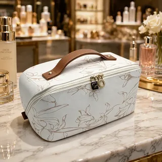 White Floral PU Makeup Pouch with Handle