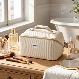 White Corduroy Cosmetic Bag with Handle
