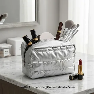 Metallic Silver Quilted Cosmetic Bag