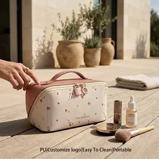 Pink Floral PU Cosmetic Bag with Handle