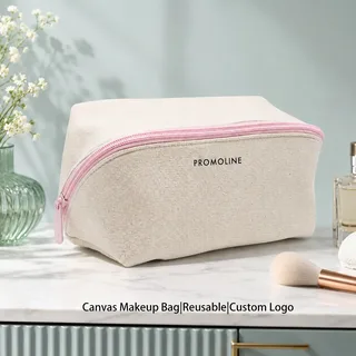 Beige Printed Canvas Makeup Bag with Zipper