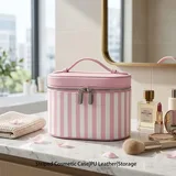 Pink Striped PU Makeup Case with Handle – view 1
