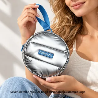 Round Silver Puffer Makeup Bag