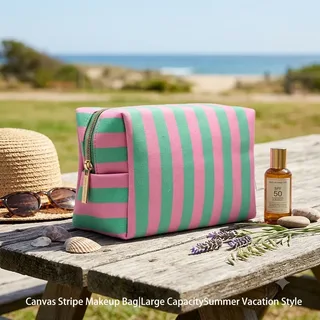 Pink and Green Stripe Cotton Makeup Bag