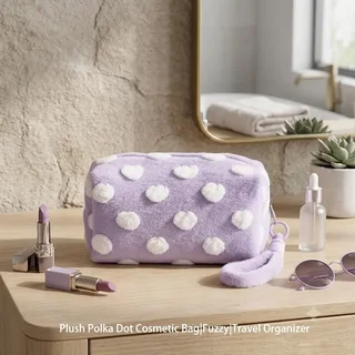 Purple Polka Dot Velvet Cosmetic Bag with Wrist Strap
