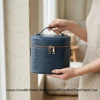 Deep Blue Crocodile PU Cosmetic Case