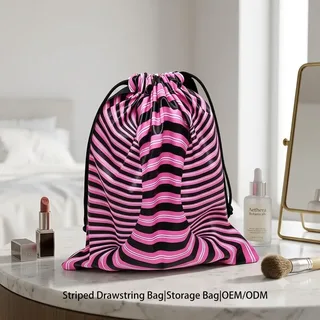 Pink Striped Satin Drawstring Pouch