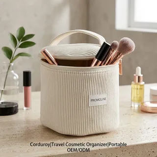 White Boxy Corduroy Makeup Bag with Top Handle