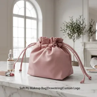 Soft Pink Polyester Drawstring Makeup Bag