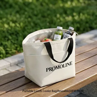 White Insulated Lunch Bag with Black Handles
