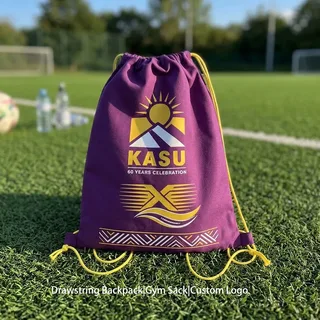 Purple Cotton Drawstring Backpack with Yellow Cords