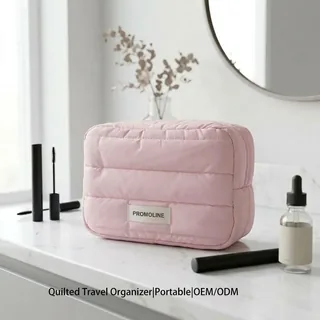Pink Quilted Polyester Puffer Makeup Bag