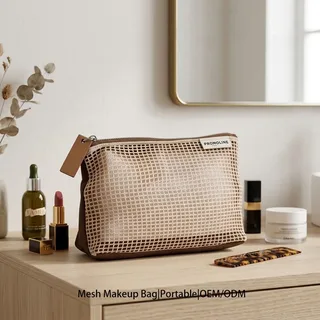 Brown Mesh Makeup Pouch with Zipper