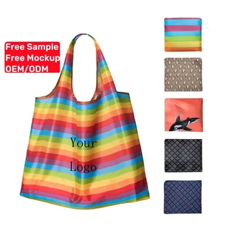 Foldable Polyester Grocery Tote with Pocket and Rope Handle
