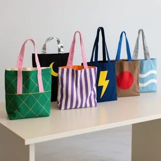 Printed Cotton Canvas Tote with Colorful Handles